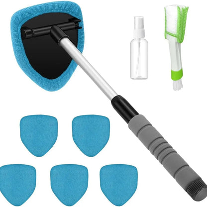 9PCS Car Window Cleaner Kit Extendable Handle Windshield Cleaning Tool with 6 Reusable Microfiber Pads with Air Vent Brush & Empty Spray Bottle