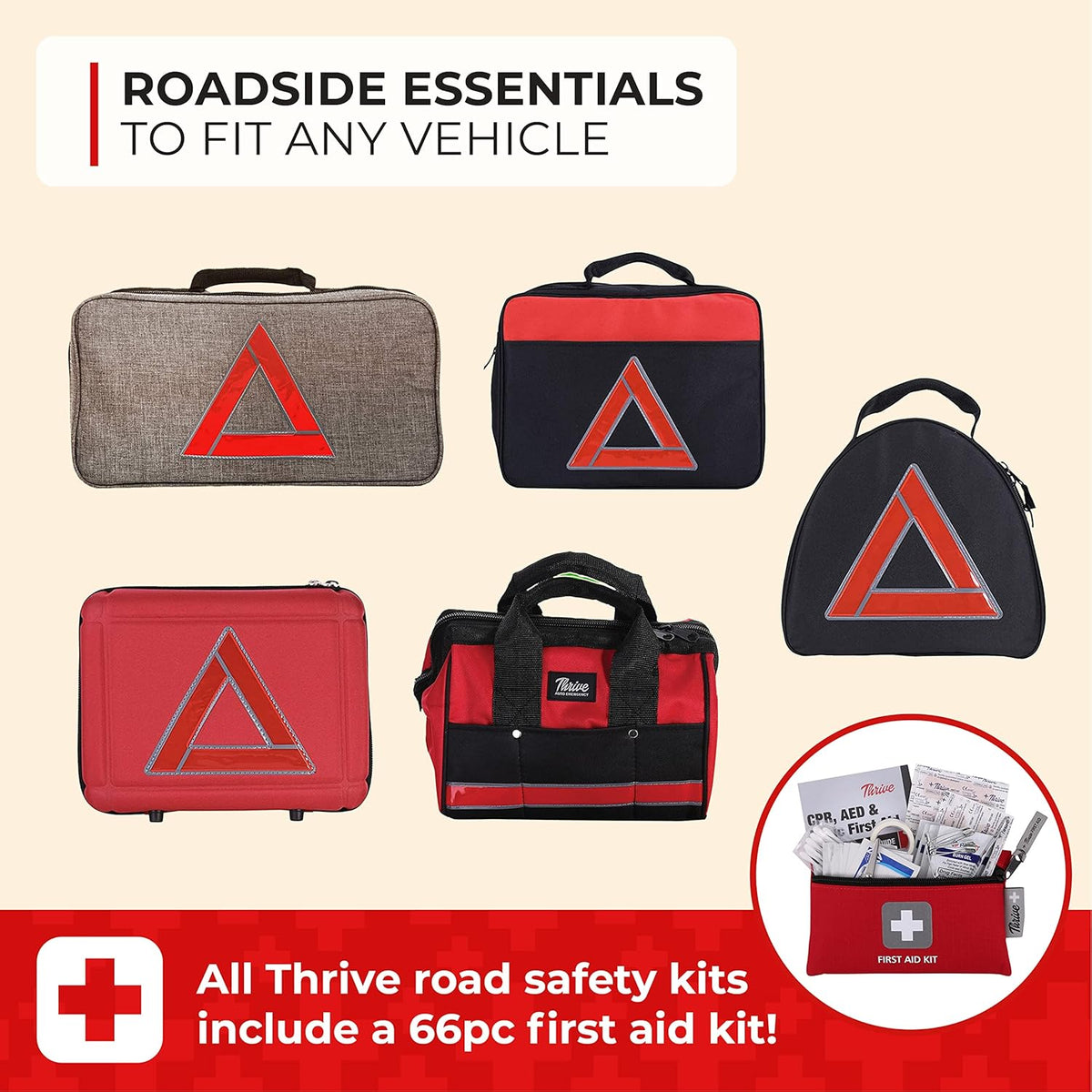 Comprehensive Emergency Car Kit for Vehicles - 104-Piece Roadside Assistance Set with Jumper Cables and Mini First Aid Kit - Gray Storage Bag