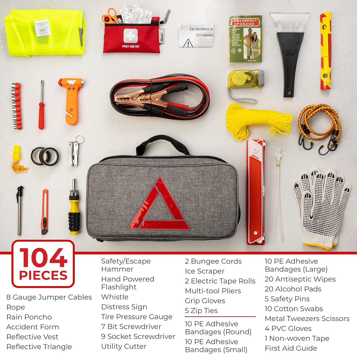 Comprehensive Emergency Car Kit for Vehicles - 104-Piece Roadside Assistance Set with Jumper Cables and Mini First Aid Kit - Gray Storage Bag