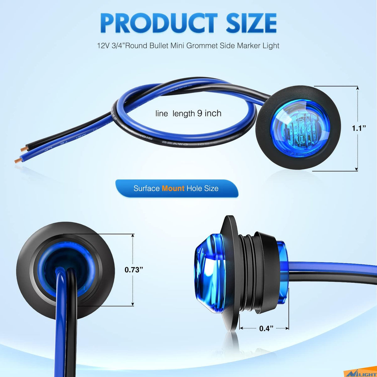 3/4" Blue Round LED Clearance Marker Lights, Pack of 10